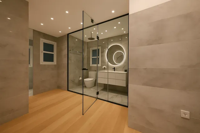 חדר רחצה בזכוכית, מסגרת שחורה, התקנה של GlassFix